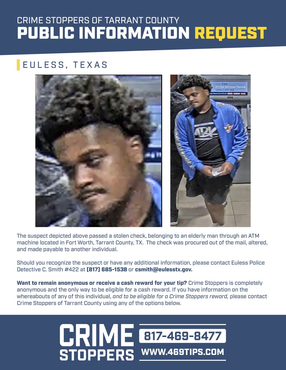 469tips's tweet photo. 🚨 Do you recognize this person? This suspect stole a check from an elderly man, altered it, and cashed it at a Fort Worth ATM. Tips are 100% anonymous &amp; you could earn up to $2,000. Call 817-469-TIPS, visit https://t.co/sFC9IWT8Io, or use the P3 Tips app. https://t.co/BjJW4ajWW1