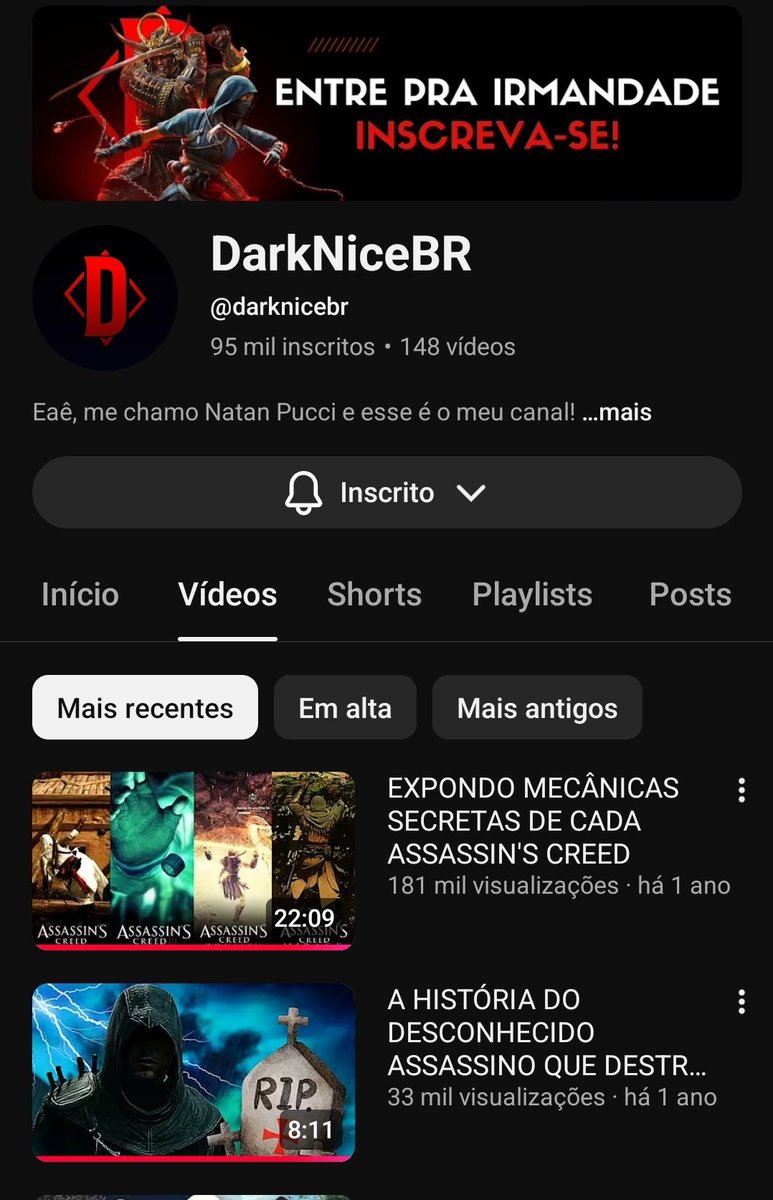 elyelgow's tweet photo. Pra mim o canal do DarkNiceBR é o melhor de Assassin's Creed no Brasil.

Eu aprendi muitas coisas sobre Assassin's Creed graças aos vídeos dele de curiosidades.

Uma pena ele ter parado de postar vídeos, espero que ele volta a postar vídeos de Assassin's Creed logo. https://t.co/tHp4PPvmv3