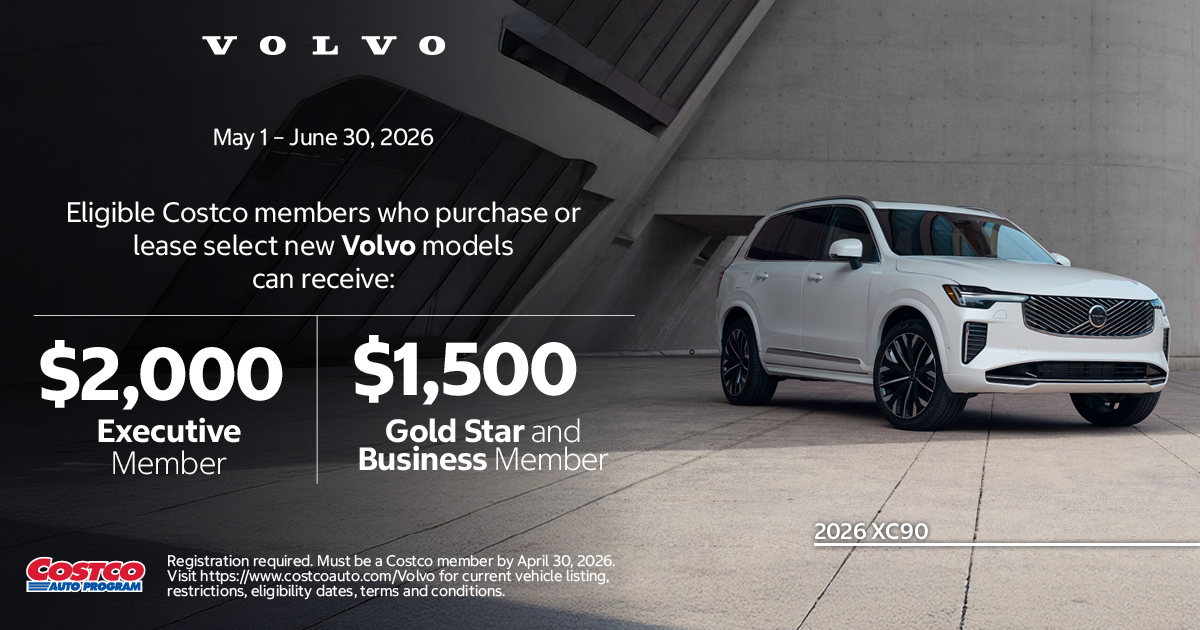 CostcoAuto's tweet photo. Luxury meets everyday life. The Volvo XC90 features a panoramic roof, Google built-in, and next-level safety tech. Costco members — your upgrade just got smarter. https://t.co/98BcnxiYMO https://t.co/6QnEZyMuXL