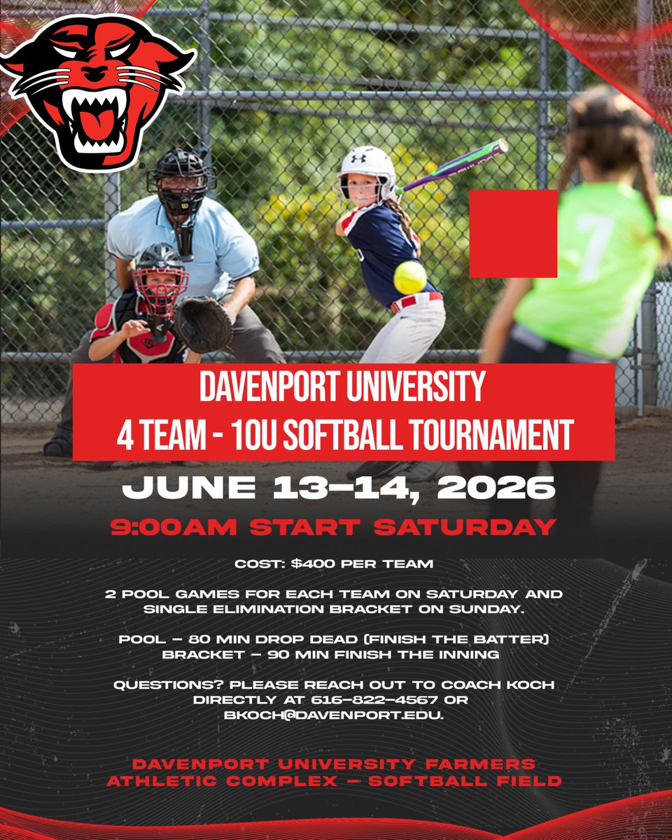 bkoch1991's tweet photo. We still have 2 openings in our @DU_PantherSball 10U Tournament on June 13 and 14 at our beautiful complex in Caledonia.  If interested, please email Coach Koch at bkoch@davenport.edu to register! https://t.co/sqTwi7Rimg