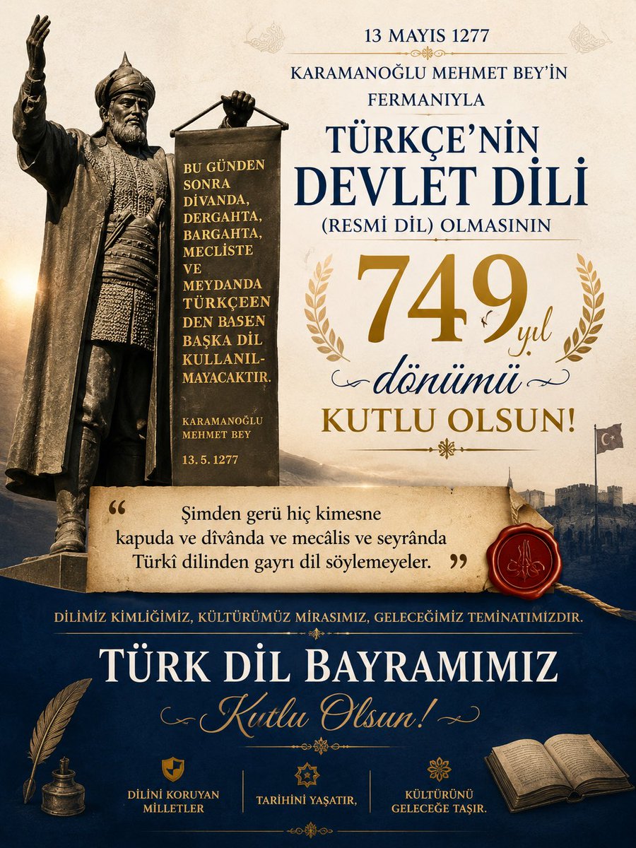 hitopbas's tweet photo. Karamanoğlu Mehmet Bey’in 13 Mayıs 1277 tarihinde yayımladığı fermanla Türkçenin devlet dili ilan edilişinin 749. yılı kutlu olsun.

“Bu günden sonra divanda, dergahta, bargahta, mecliste ve meydanda Türkçeden başka dil kullanılmayacaktır.”

Türk Dil Bayramımız kutlu olsun. https://t.co/beCYjIxoQ2