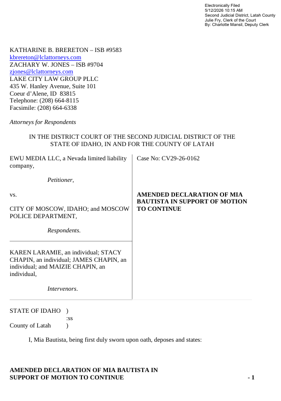 SarahDIrish's tweet photo. Amended Declaration of Mia Bautista in Support of Motion to Continue

#EWUMedia
#MoscowID
#PublicRecords
#BryanKohberger https://t.co/4KVJx1tXhm