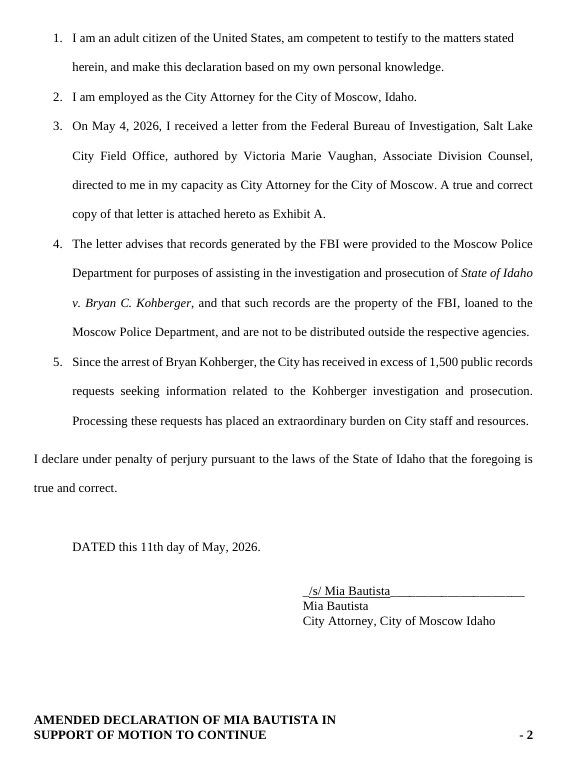 SarahDIrish's tweet photo. Amended Declaration of Mia Bautista in Support of Motion to Continue

#EWUMedia
#MoscowID
#PublicRecords
#BryanKohberger https://t.co/4KVJx1tXhm