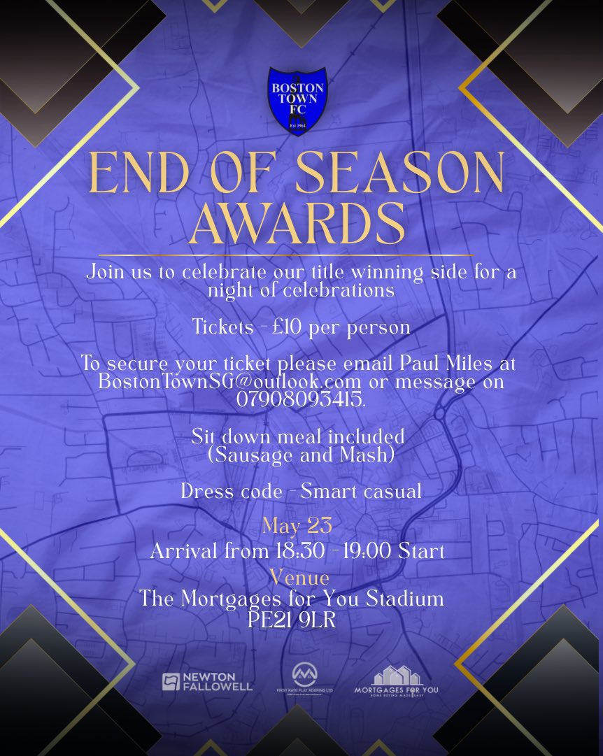 bostontownfc's tweet photo. 🏆 𝗘𝗡𝗗 𝗢𝗙 𝗦𝗘𝗔𝗦𝗢𝗡 𝗔𝗪𝗔𝗥𝗗𝗦

Join us as we celebrate our title-winning side with a night of awards and celebrations. 💙

📅 Saturday 23 May
⏰ Arrival 6:30pm – 7:00pm start
📍 Mortgages For You Stadium, PE21 9LR

🎟 Tickets: £10 per person
🍽 Sit down meal included (Sausage & Mash)
👔 Dress code: Smart casual

To secure your ticket, please email BostonTownSG@outlook.com or message 07908 093415.

Let’s come together and celebrate an incredible season. 👏

#ThePoachers #BostonTown