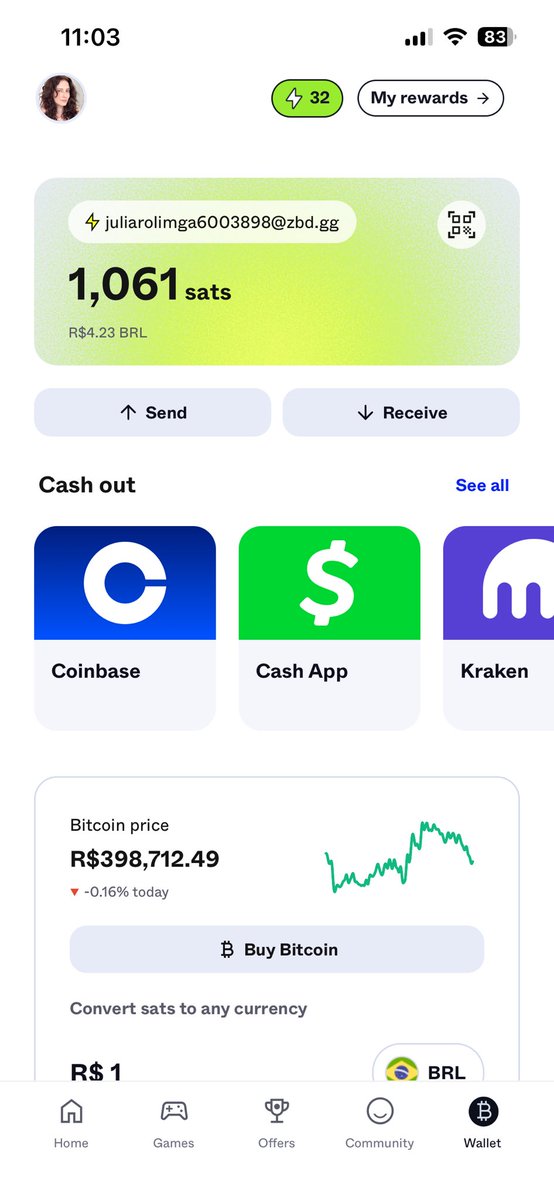juu_rolim's tweet photo. É tipo uma carteira digital pra receber satoshi (sat - um pedacinho de bitcoins) pra fazer check-in, cumprir missões e jogar. É bem divertido e dá pra sacar todo dia! Transfere pra outras carteiras🤑 nível muito fácil #ZBD #rendaextra #bitcoin https://t.co/iDDRNPBIN0 https://t.co/Rwn5NKciqm