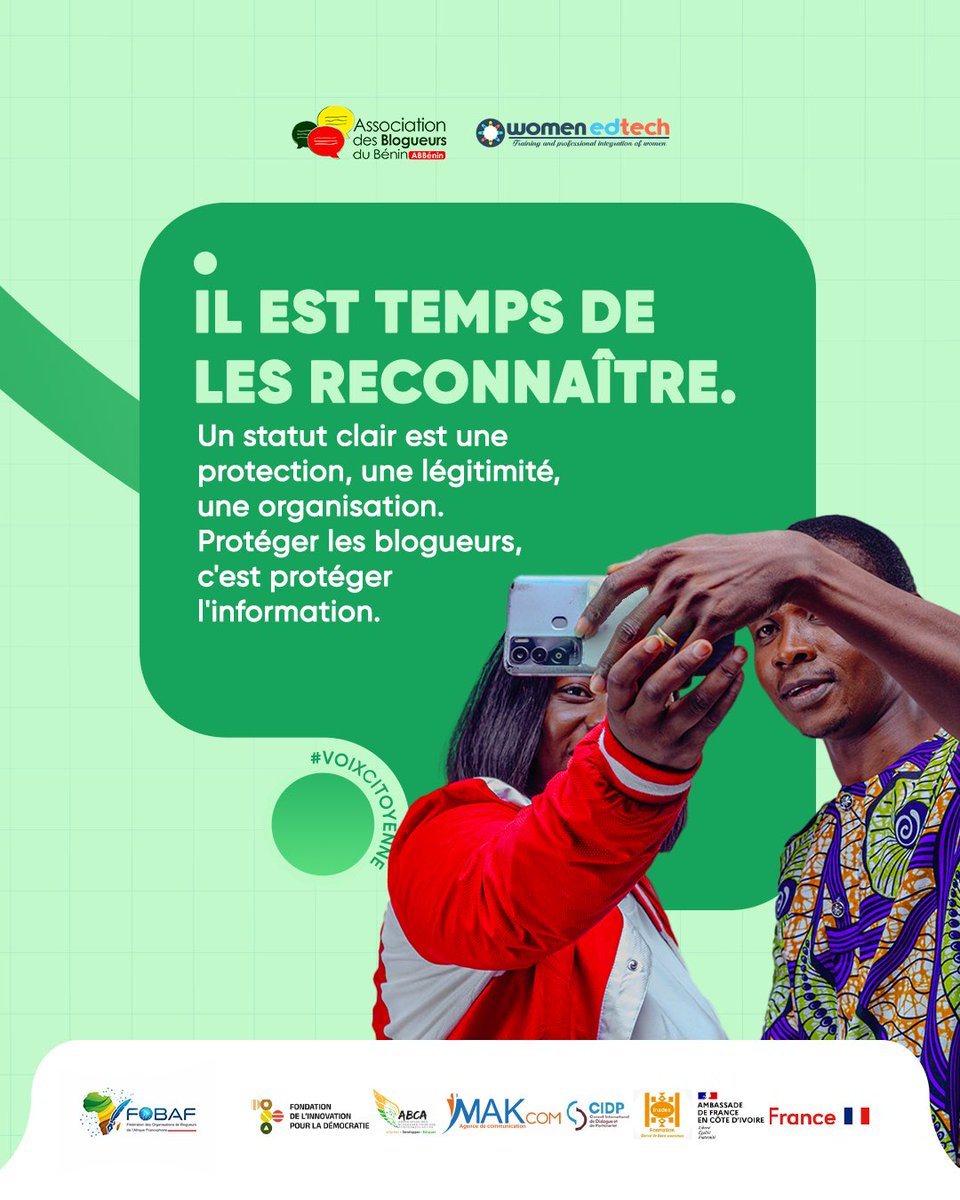 ab_benin's tweet photo. Il est temps d’encadrer et de reconnaître leur rôle.
Un statut clair offrira protection, légitimité et organisation à leur activité. Protéger les Blogueurs, c’est protéger l’information et le droit à l'expression

#VoixCitoyenne
#JeSuisBlogueur
#NousVoulonsUnStatut
#LibresDeBloguer
#EthicBlog