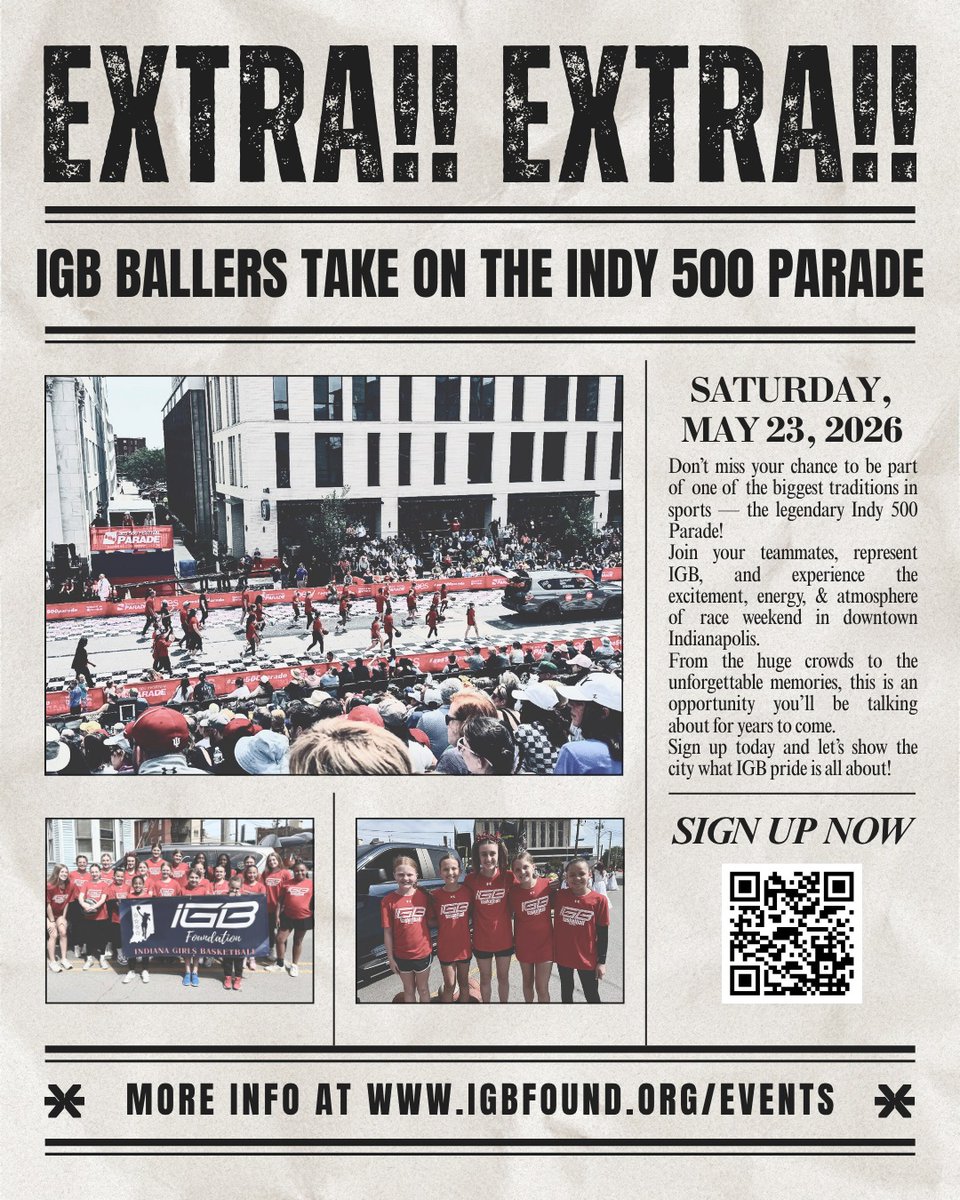 IGB_Foundation's tweet photo. Join us for the Indy 500 Festival Parade! 
Saturday, May 23 at 11 AM
All IGB players are invited to proudly represent IGB in this unforgettable opportunity to celebrate &amp; showcase the power of girls bball on one of Indy’s biggest stages.
RSVP here: https://t.co/urRkc0wsIU https://t.co/jwwUXc8zMH