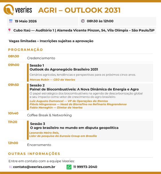 VeeriesIntel's tweet photo. Na terça-feira, 19 de maio, a Veeries reúne no Cubo Itaú clientes, parceiros e as principais lideranças do mercado de commodities para discutir o que os próximos cinco anos vão exigir do agro brasileiro.

O Veeries Outlook 2031 não olha para a safra passada. https://t.co/5VHG7xcuyU