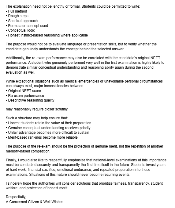 adithya3907's tweet photo. @NTA_Exams @dpradhanbjp @EduMinOfIndia @PMOIndia @narendramodi @PIB_India
A suggestion regarding the most fair, practical, and currently viable approach for the NEET-UG re-examination process has been attached below for kind consideration.

#NEETEXAMS #NTA #JusticeForStudents https://t.co/aTquDQdWLF