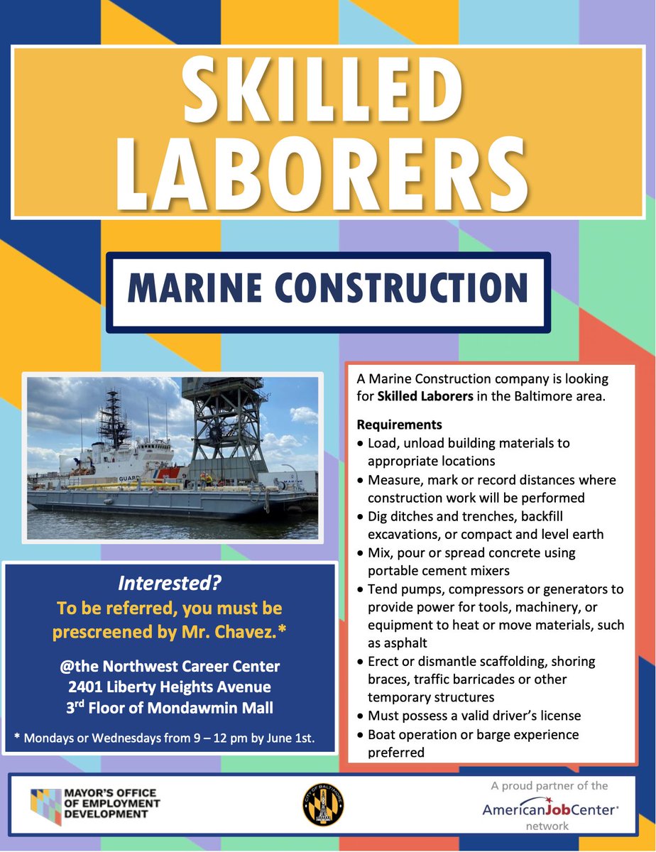JobsBaltimore_'s tweet photo. Looking for hands-on work in construction? Our employer partner is looking to hire skilled laborers in the Baltimore area. 🔥

To be referred, you must first prescreen at the Northwest Career Center on Mondays or Wednesdays between 9am and 12pm through June 1st. ✅ https://t.co/HiYoyi74UD