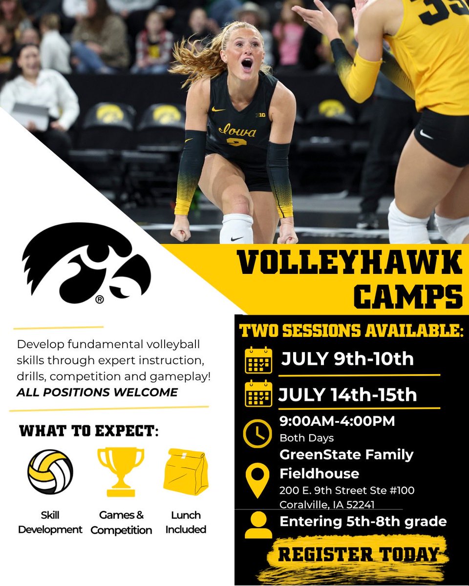IowaVolleyball's tweet photo. Calling all 5th-8th graders! We have two opportunities to train with the Hawks this summer!!!!!! https://t.co/DhXHPPNWnN