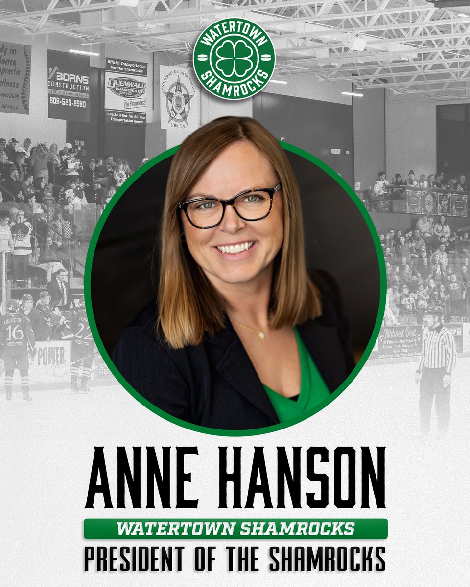 ShamrocksNAHL's tweet photo. NEWS | The Watertown Shamrocks have officially announced promotions for Anne Hanson and Blake Theisen. Hanson has been elevated to President of the Shamrocks, while Theisen has added Vice President to his title. Congrats Anne and Blake! #PuckLuck🍀

MORE: https://t.co/VYe43gvlrU https://t.co/Kw2dTItdUS