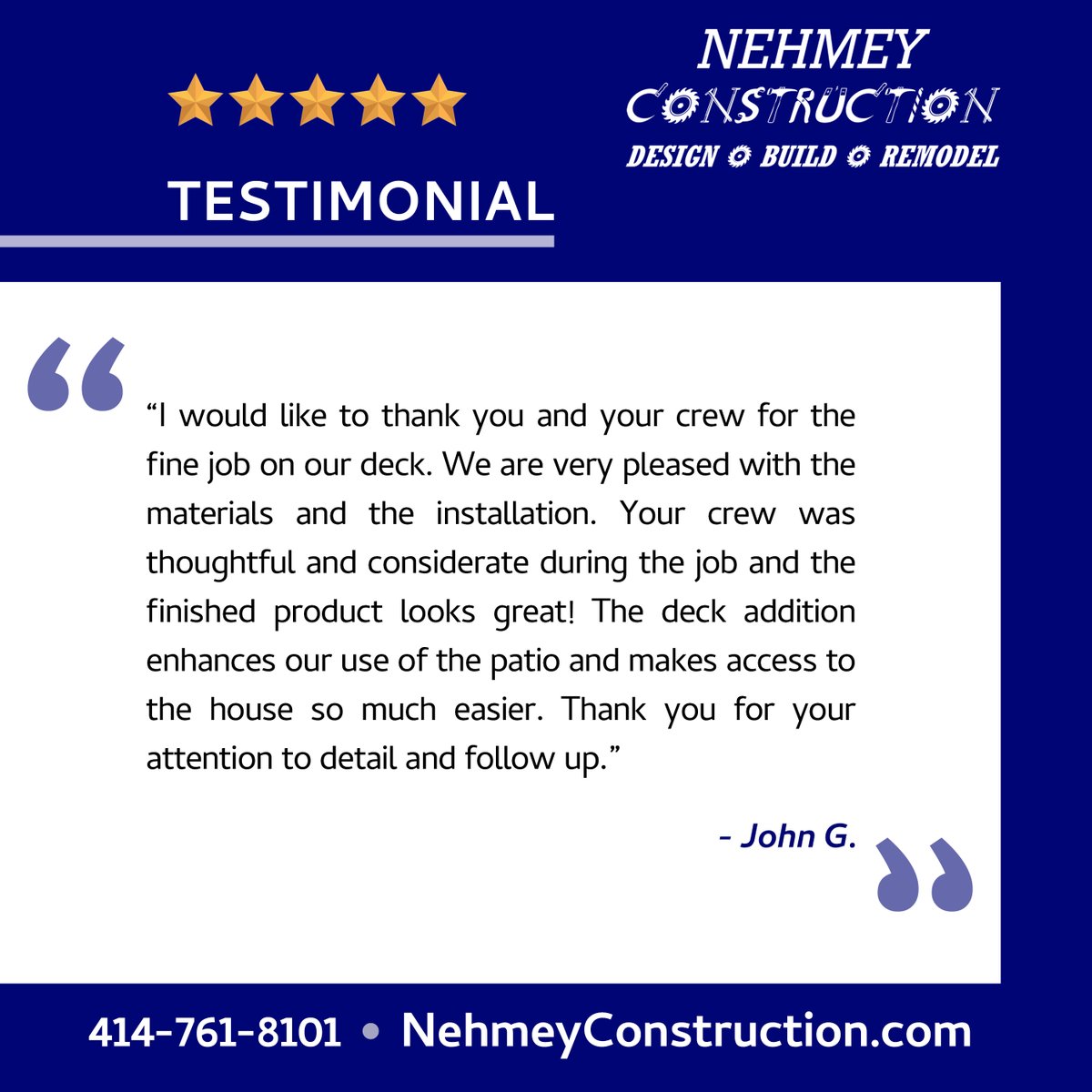 NehmeyConstruct's tweet photo. We were excited to receive this glowing review for a deck addition in Milwaukee. Thank you!

If you’ve worked with us before, consider leaving a Google review here: https://t.co/tBxz4nTQCD

Read more testimonials: https://t.co/F3KBdbCjJU

#TestimonialTuesday #WisconsinRemodeling https://t.co/DLA7SPxXa3