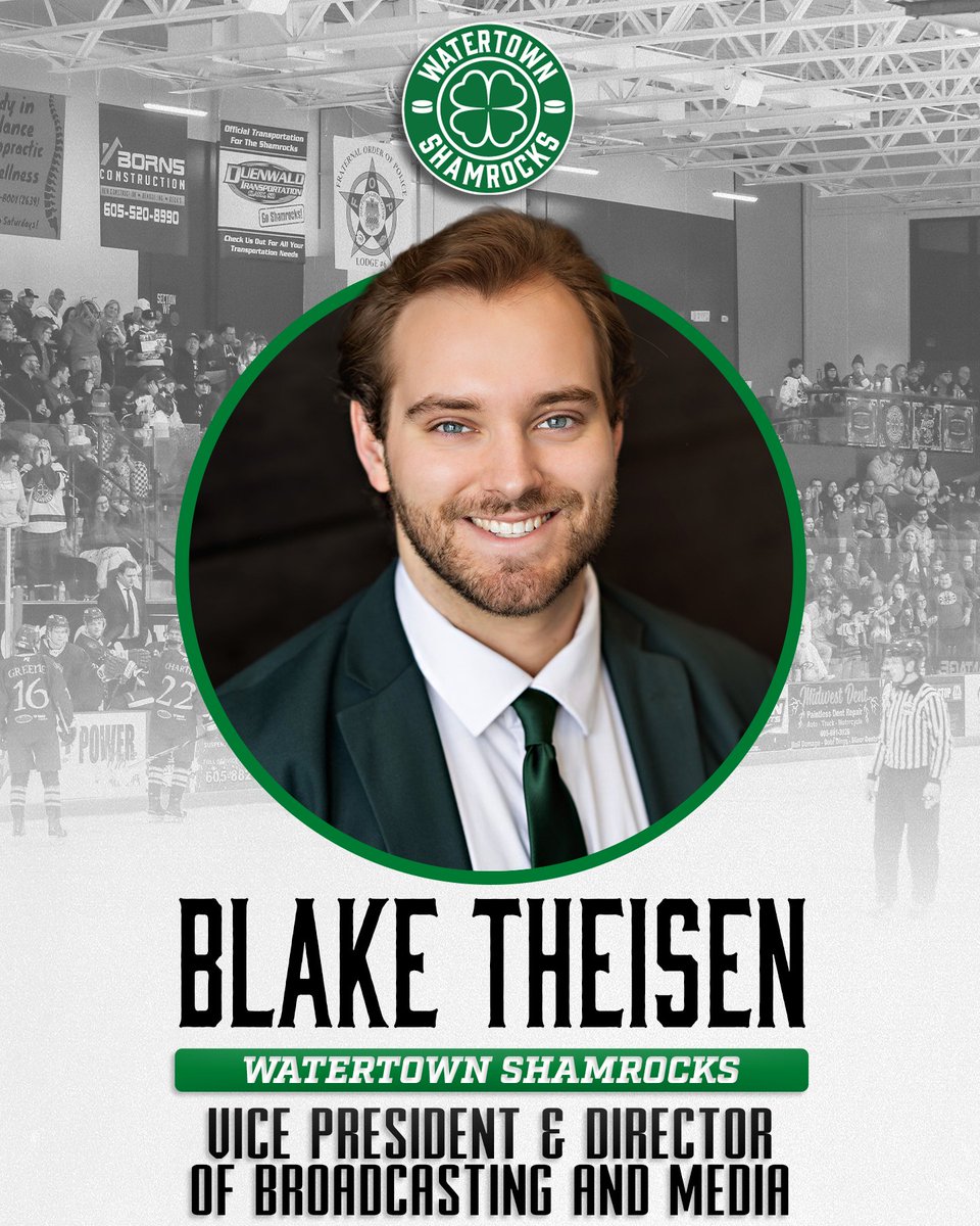 ShamrocksNAHL's tweet photo. NEWS | The Watertown Shamrocks have officially announced promotions for Anne Hanson and Blake Theisen. Hanson has been elevated to President of the Shamrocks, while Theisen has added Vice President to his title. Congrats Anne and Blake! #PuckLuck🍀

MORE: https://t.co/VYe43gvlrU https://t.co/Kw2dTItdUS