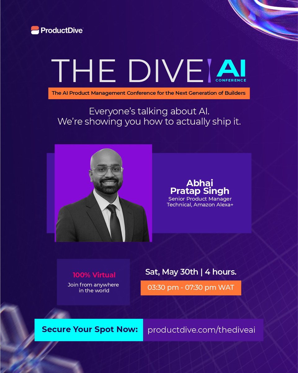ProductDive's tweet photo. Abhai Pratap Singh is a Product Leader at Amazon driving Alexa+ AI innovations across millions of devices globally. Over 10+ years, he has built AI products across Amazon, PointClickCare, Tata 1mg, and S&amp;P Global, with expertise in LLMs, agentic AI, and responsible AI systems. https://t.co/CS51KkpaLv