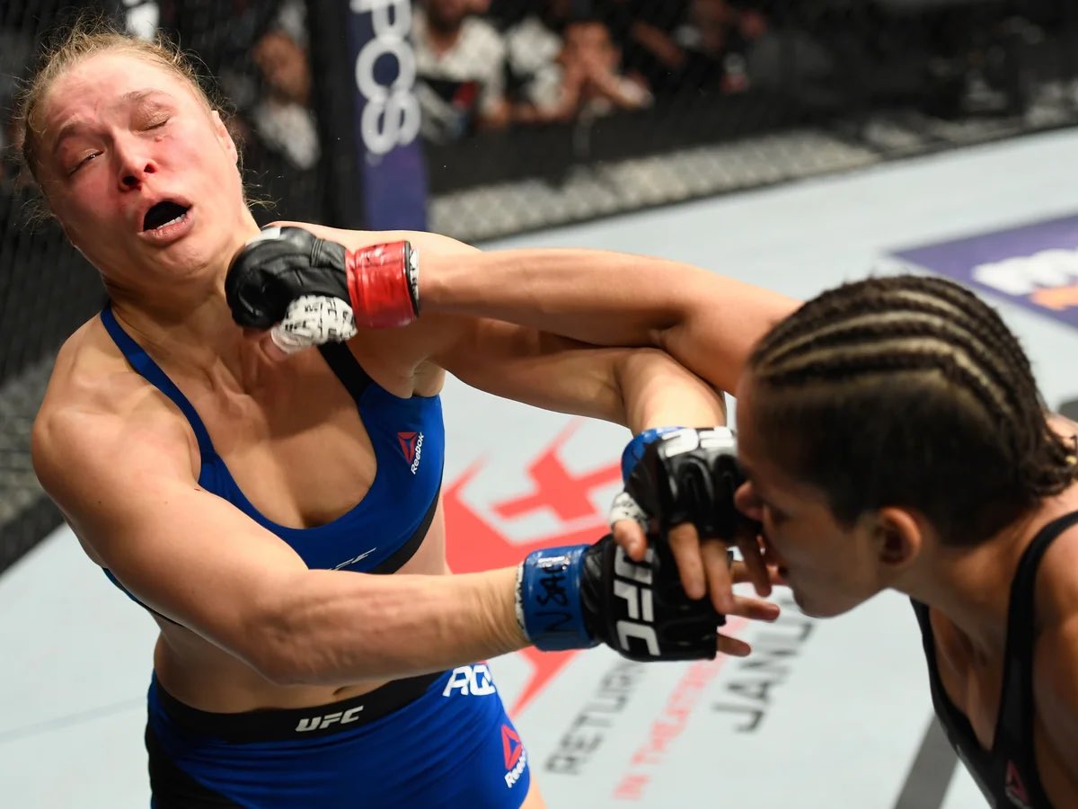 CardinalMikee's tweet photo. @MMAFighting I’ll never understand the Ronda hate. She’s literally a pioneer. She showed everyone the new technique of blocking punches and kicks with her face. No one else defends like her. Truly an inspiration. https://t.co/VCnPlowP3T