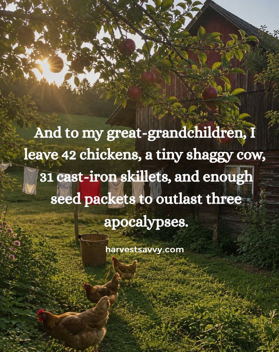 HarvestSavvy's tweet photo. #HomesteadHumor #FarmLife #OffGridLiving #CountryLiving #FunnyInheritance #RusticVibes #ChickenMath #PrepperLife #SimpleLiving #Cottagecore #SeedSaving #CastIronLove #TinyCow #FarmAesthetic #GrandparentGoals https://t.co/dkCfz66FKB