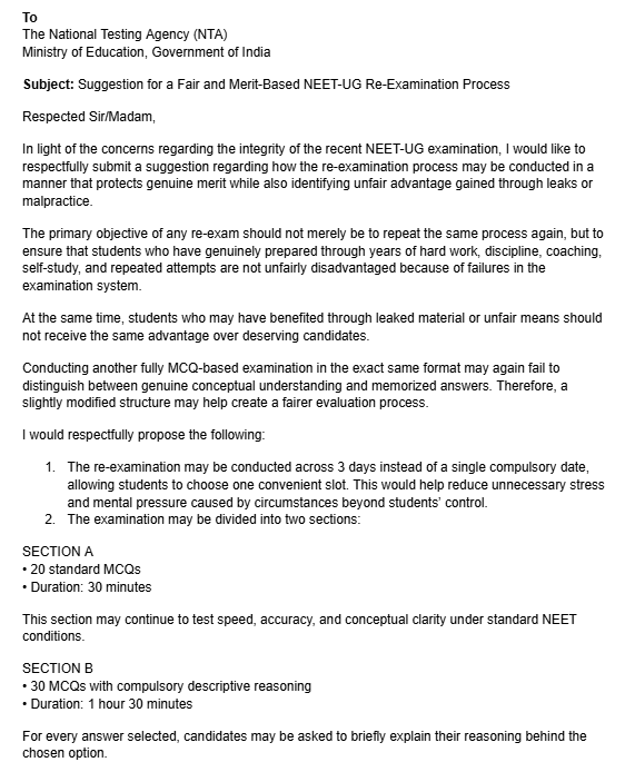 adithya3907's tweet photo. @NTA_Exams @dpradhanbjp @EduMinOfIndia @PMOIndia @narendramodi @PIB_India
A suggestion regarding the most fair, practical, and currently viable approach for the NEET-UG re-examination process has been attached below for kind consideration.

#NEETEXAMS #NTA #JusticeForStudents https://t.co/aTquDQdWLF