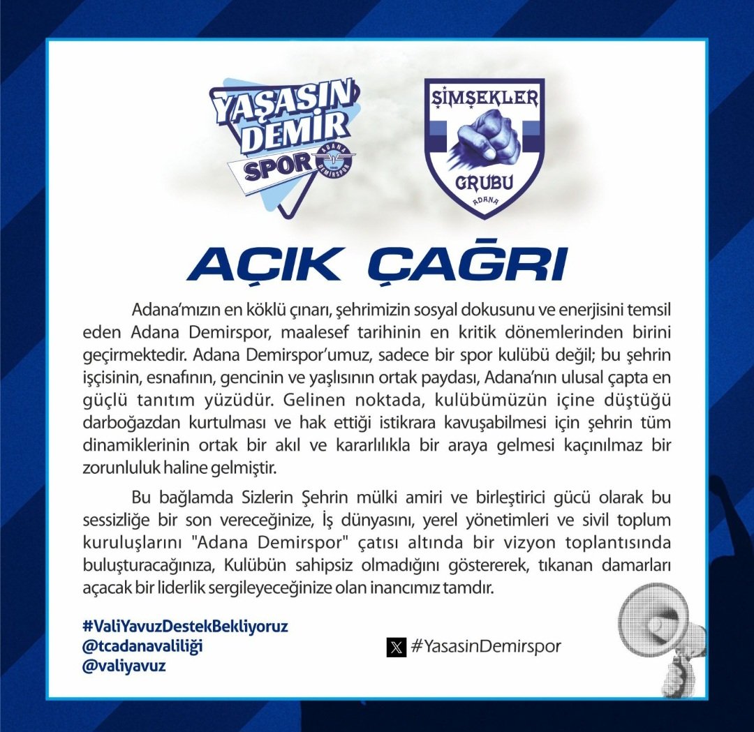 CanKorayMavruk's tweet photo. Yaşasın Demirspor!

#ValiYavuzDestekBekliyoruz

@TCAdanaValiligi 
@valiyavuz https://t.co/KLUepwdcS4