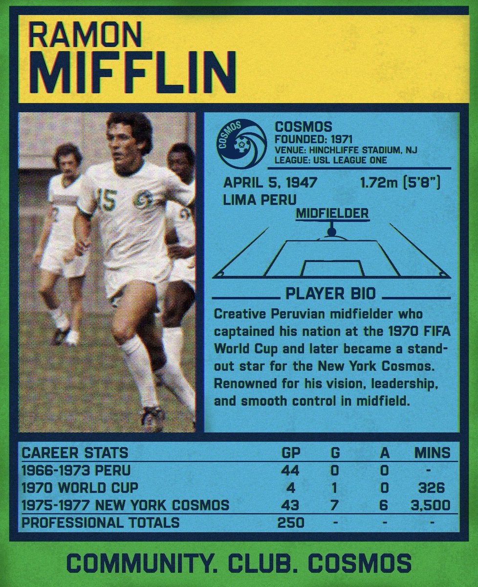NYCosmos's tweet photo. 30 days until the world’s game returns.

Cosmos legend Ramón Mifflin represented Peru at the 1970 FIFA World Cup before bringing his talent to New York and helping the Cosmos win the 1977 Soccer Bowl.
The countdown continues.

Join us for Peruvian Heritage Night on July 25 and preorder the limited-edition Peruvian Heritage Match Warm Up Jersey, which honors Ramón Mifflin with his number 15 featured on the sleeve. Link in bio.

#FIFAWorldCup #Cosmos