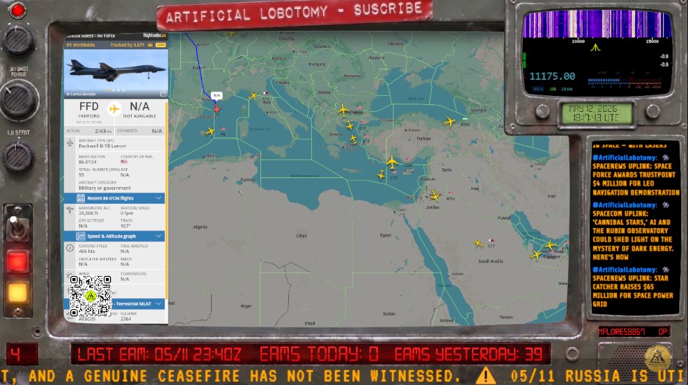 ArtificialLobo's tweet photo. 🚨 B-1B LANCER just departed RAF Fairford heading toward the Middle East as ceasefire talks COLLAPSE. Is this the real signal nobody's talking about?

🛰️ LIVE tracking on stream RIGHT NOW 👇
🔴 https://t.co/qq0XV2Cype

#B1BLancer #BreakingNews #Iran #CeasefireFailed #MilitaryAviation #LiveTracking #OSINT #ArtificialLobotomy #FlightTracking #WW3