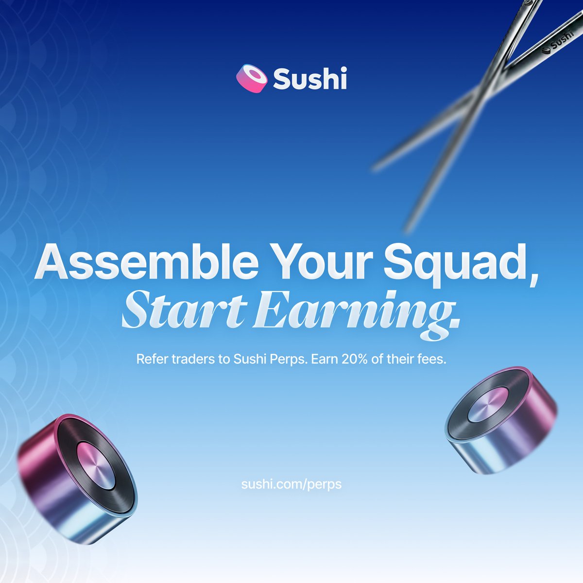 SushiSwap's tweet photo. Trading alone is nice but trading with a squad is better.

Sushi Perps referrals:
20% of your traders’ fees.

Get your code.
Assemble your Sushi Clan. https://t.co/ujUqtINLtX