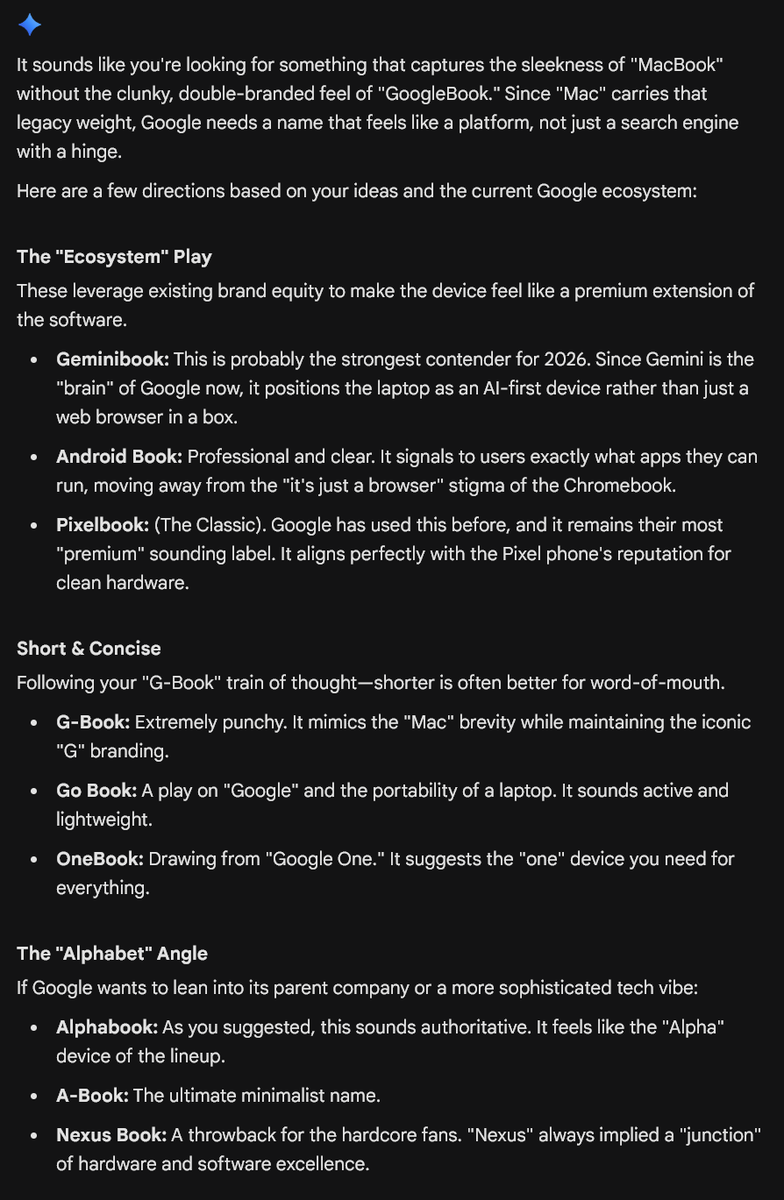 BohemiaTech's tweet photo. GoogleBook is a horrible name. What happened to Pixelbook?!? here's what Gemini suggested as better names. https://t.co/q3zrVYTcb0