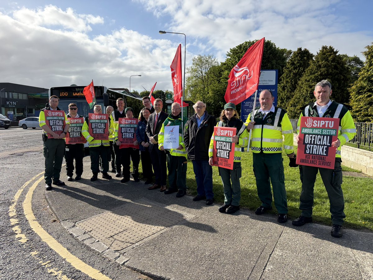 ROMurchu's tweet photo. Supporting ambulance staff on the picket line in Louth this morning.

Frontline workers who save lives every day and  have been left waiting years for fair recognition, proper staffing, and the implementation of the 2020 review recommendations.

This strike could and should have been averted with goodwill from Government, the HSE and NAS management.

Paramedics need a properly funded workforce and a government willing to intervene, show leadership, and resolve this long-standing dispute.

We will always stand with our ambulance service workers in their fight for respect, fair pay and safe staffing.
