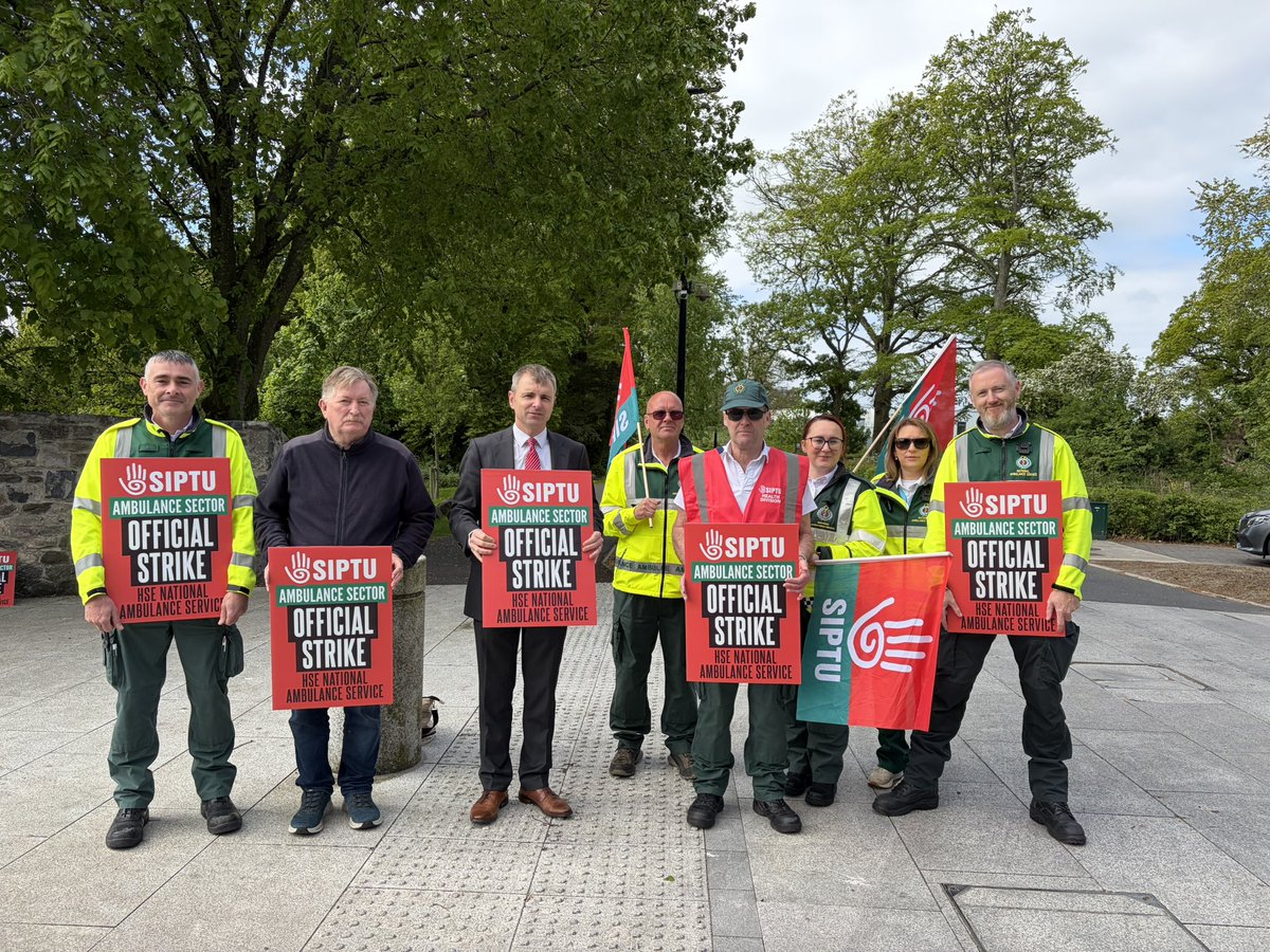 ROMurchu's tweet photo. Supporting ambulance staff on the picket line in Louth this morning.

Frontline workers who save lives every day and  have been left waiting years for fair recognition, proper staffing, and the implementation of the 2020 review recommendations.

This strike could and should have been averted with goodwill from Government, the HSE and NAS management.

Paramedics need a properly funded workforce and a government willing to intervene, show leadership, and resolve this long-standing dispute.

We will always stand with our ambulance service workers in their fight for respect, fair pay and safe staffing.