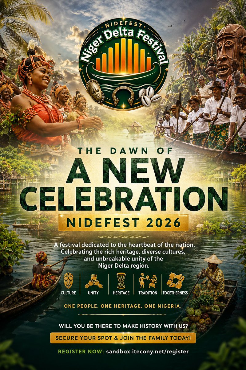 Real_Nidefest's tweet photo. The dawn of a new celebration is here! ✨

Welcome to NIDEFEST 2026—a festival dedicated to the heartbeat of the nation. We are beyond excited to unveil a movement that celebrates the rich heritage, diverse cultures, and unbreakable unity of the Niger Delta region. https://t.co/47wL5pVe9Z