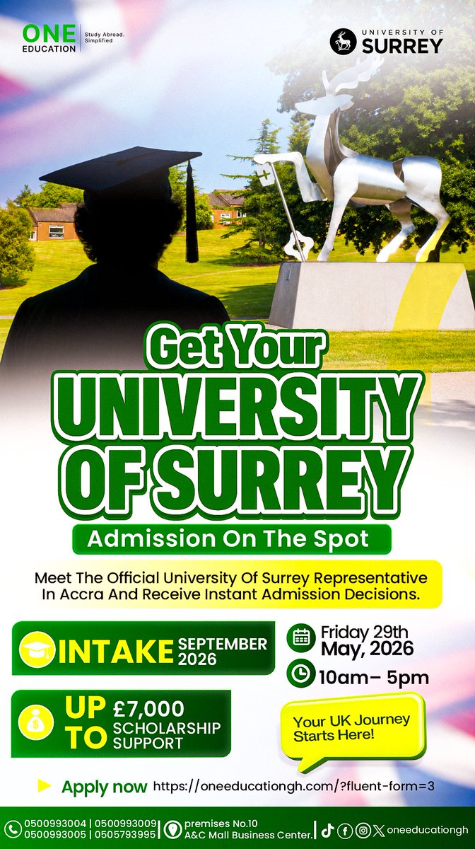oneeducationgh's tweet photo. Spots are disappearing faster than expected 👀🇬🇧

The smart applicants have already started registering… don’t be the one hearing about it after the slots are gone.

👉 Register now: https://t.co/GWtWt3ryCx

-

#StudyInUK #UKAdmissions #SurreyUniversity #StudyAbroadGhana https://t.co/wMMaThfIgd