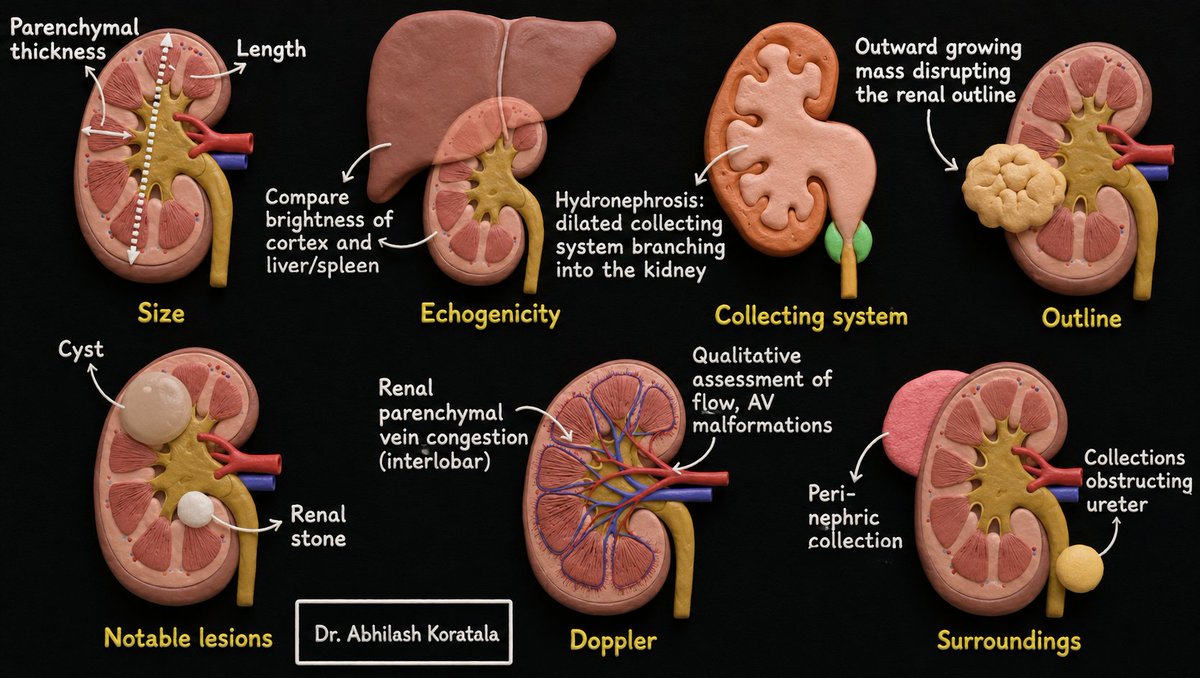 NephroP's tweet photo. SECONDS checklist for systematically interpreting kidney #POCUS 
#Nephpearls #FOAMed  
S – Size (renal length and cortical thickness) 
E – cortical Echogenicity 
C – Collecting system (hydronephrosis) 
O – Outline (most masses grow outwards and disrupt the outline) 
N – Notable lesions such as cysts and stones 
D – Doppler (differentiate hydronephrosis and vascular structure, assess flow) 
S – Surroundings (ascites, perinephric collections)