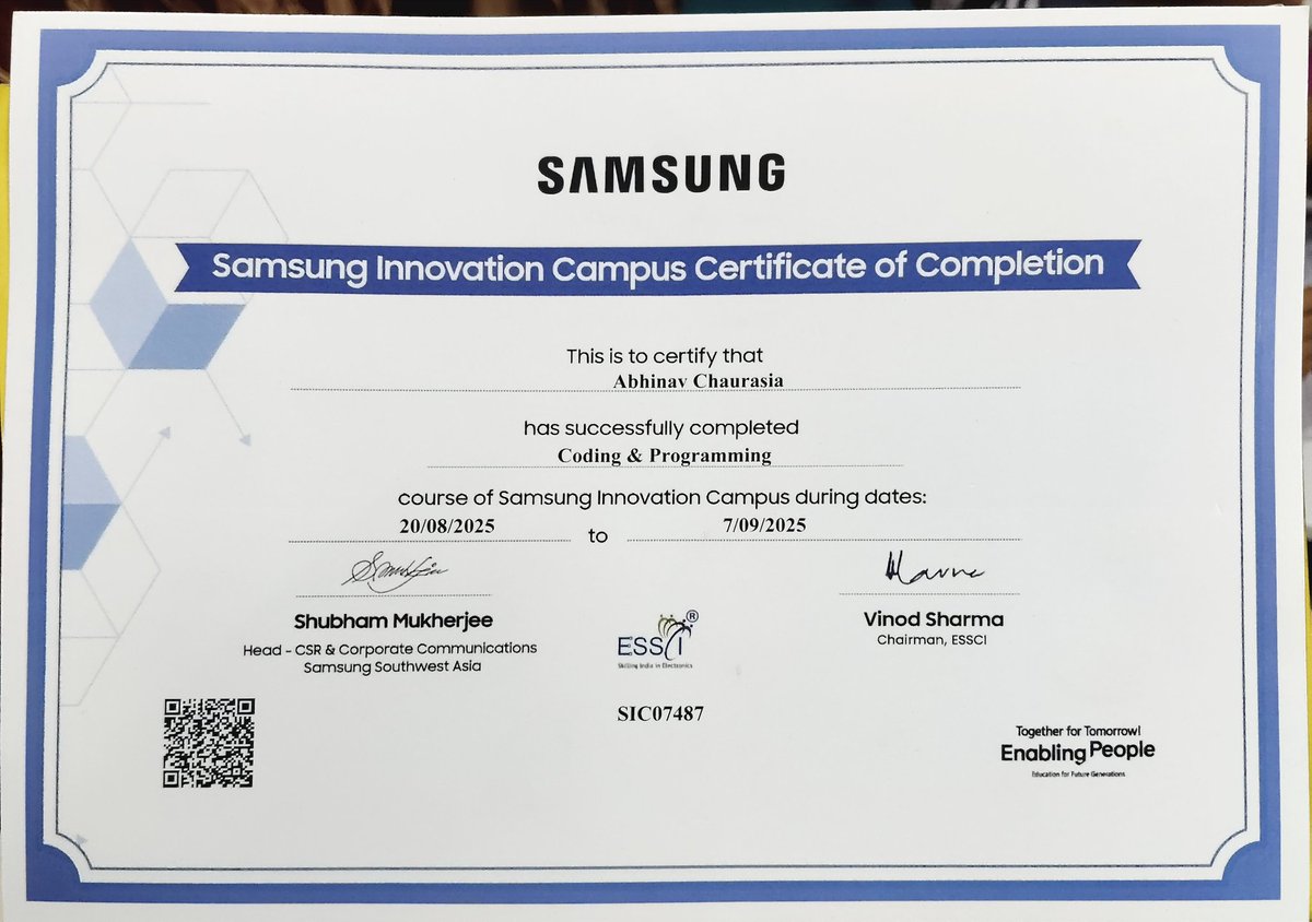abhinavc_dev's tweet photo. Got my physical certificate + swags from Samsung Innovation Campus—months after completing it.
What stayed wasn’t the certificate.
It was learning to cut features and build systems users can trust.
#Engineering https://t.co/wkZH2bSyCp