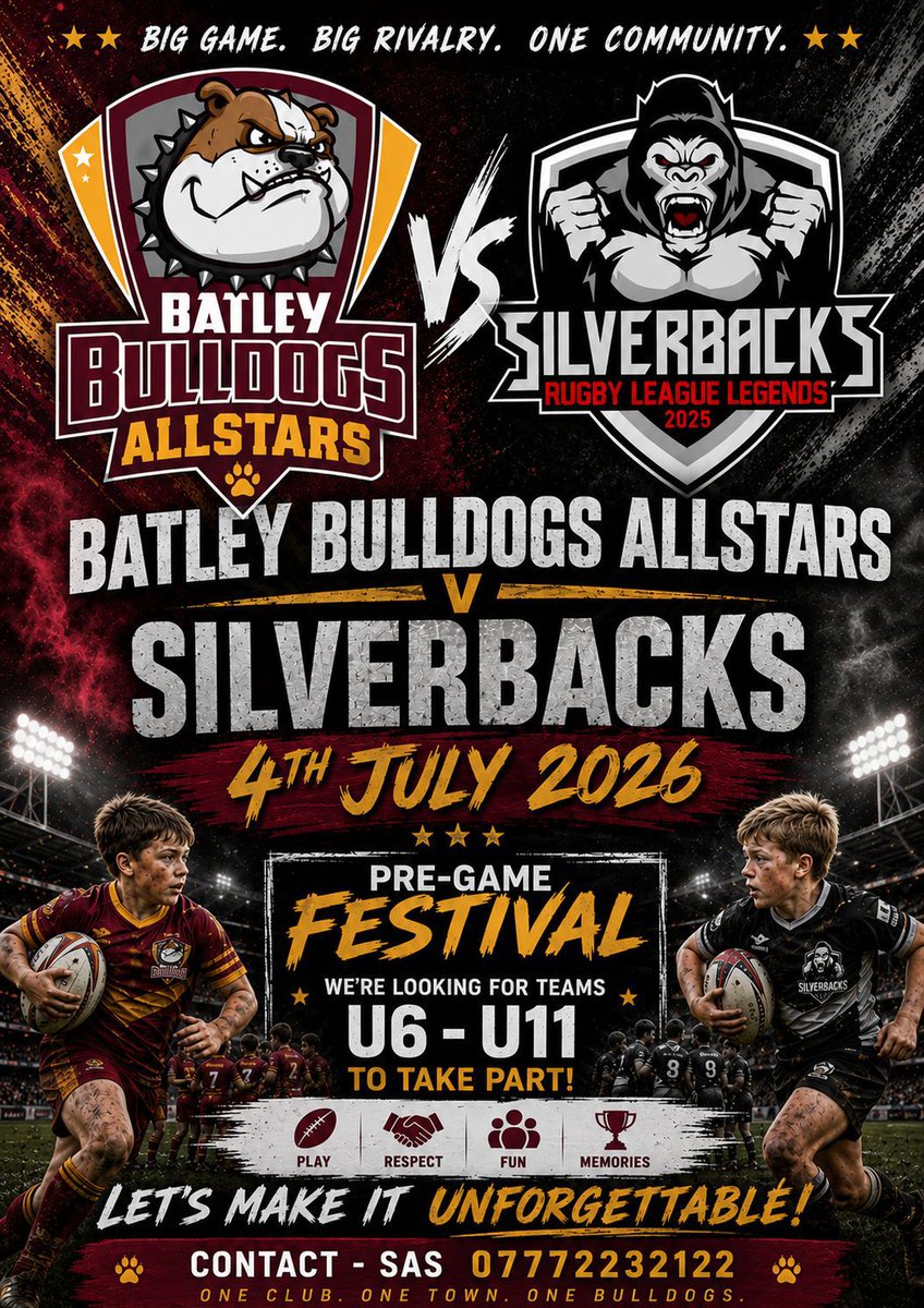 BatleyRLFC's tweet photo. 𝙏𝙃𝙀 𝙎𝙄𝙇𝙑𝙀𝙍𝘽𝘼𝘾𝙆𝙎 𝘼𝙍𝙀 𝘾𝙊𝙈𝙄𝙉𝙂!

We are looking for U6s - U11s teams to take part in pre-match games!

If your team or club are interested, please contact Sas at:

07772232122

#COMMUNITY https://t.co/pMnzR8p2lO