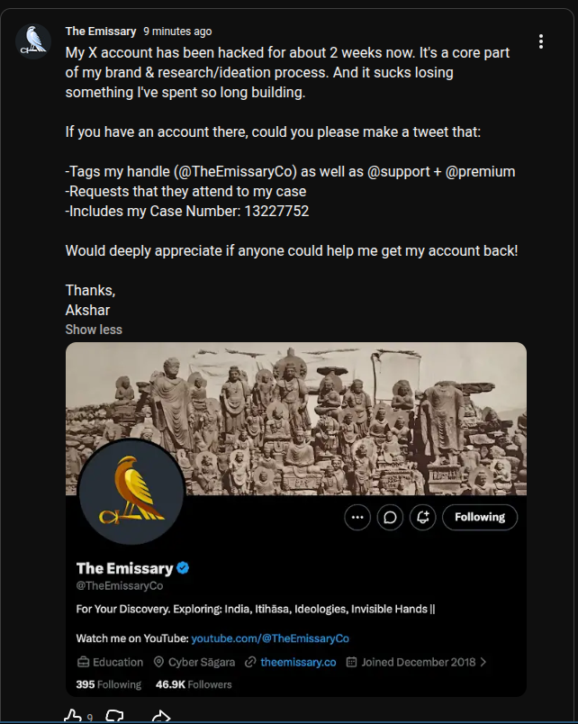 real_mahalingam's tweet photo. Hey @support @premium:

@TheEmissaryCo's account has been hacked for 2 weeks.

One of the most interesting accounts this side of twitter; we'd all greatly appreciate you attending to his case.

Case no: 13227752 https://t.co/y3sNZQciWO