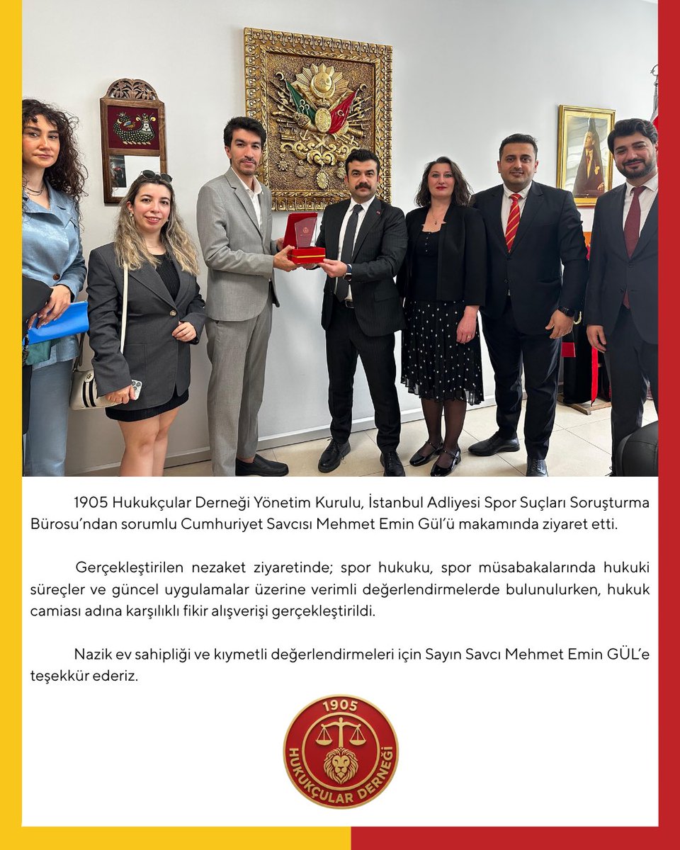 1905hukukcular's tweet photo. 1905 Hukukçular Derneği Yönetim Kurulu, İstanbul Adliyesi Spor Suçları Soruşturma Bürosu’ndan sorumlu Cumhuriyet Savcısı Mehmet Emin Gül’ü makamında ziyaret etti.

Gerçekleştirilen nezaket ziyaretinde; spor hukuku, spor müsabakalarında hukuki süreçler ve güncel uygulamalar üzerine verimli değerlendirmelerde bulunulurken, hukuk camiası adına karşılıklı fikir alışverişi gerçekleştirildi.

Nazik ev sahipliği ve kıymetli değerlendirmeleri için Sayın Savcı Mehmet Emin GÜL’e teşekkür ederiz.

#1905hukukçular