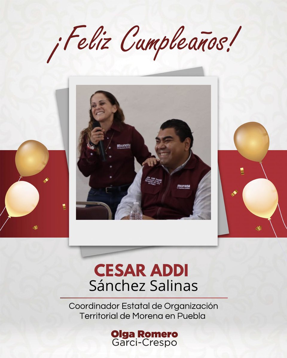 OlgaRomeroGC's tweet photo. Muchas felicidades compañero y amigo @addi_cesar en tu cumpleaños 🎉

Reconozco tu compromiso, trabajo y cercanía con la gente, que fortalecen todos los días la organización territorial en Puebla y en nuestro movimiento. Te deseo un año lleno de salud, éxitos y grandes proyectos. 🎉🎂
