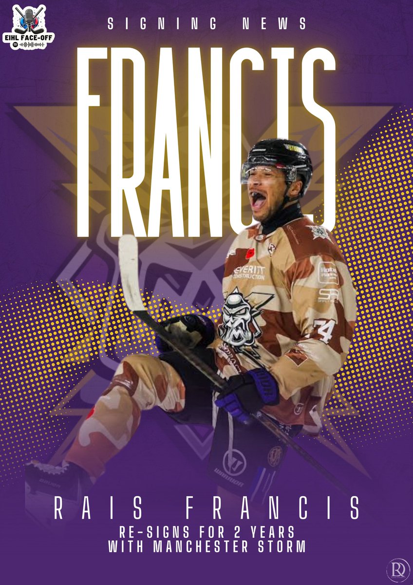 EIHLFaceOff's tweet photo. 📰SIGNING NEWS 📰

Rais Francis Re-Signs for 2 YEARS with @Mcr_Storm 

📊Last season stats across all @officialEIHL competitions:
68 GP | 7 PTS | 3 G | 4 A 

Happy with the signing? #StormFans
