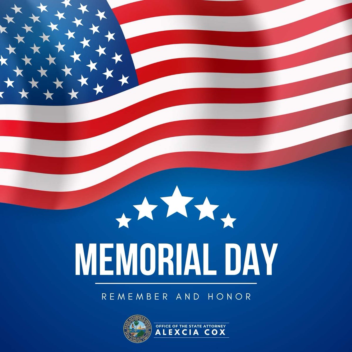 StateAttorney15's tweet photo. This Memorial Day, the Office of State Attorney Alexcia Cox remembers and honors the courageous men and women who made the ultimate sacrifice while serving our nation.

Their bravery and selflessness will never be forgotten, and we remain grateful for the freedoms their service helped protect. Today, we pause to reflect on their legacy and honor those who gave everything for our country.

Our offices are closed in observance of the holiday and will reopen Tuesday morning.