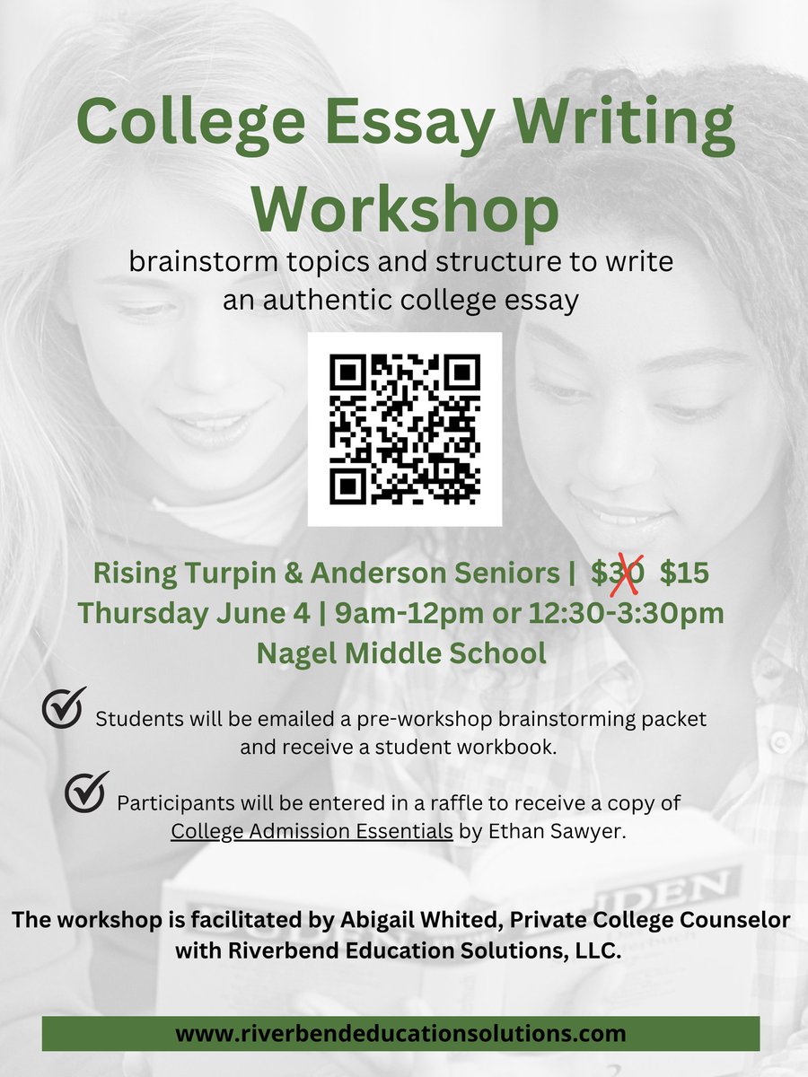 fhfeorg's tweet photo. College Essay Writing Workshop for rising seniors -- facilitated by Abigail Whited of Riverbend Education Solutions LLC and generously supported by @amybsells.

Register your rising senior today. 

The workshop is on Thursday, June 4th, either at 9am or 12:30pm. https://t.co/NOB89DaK1k