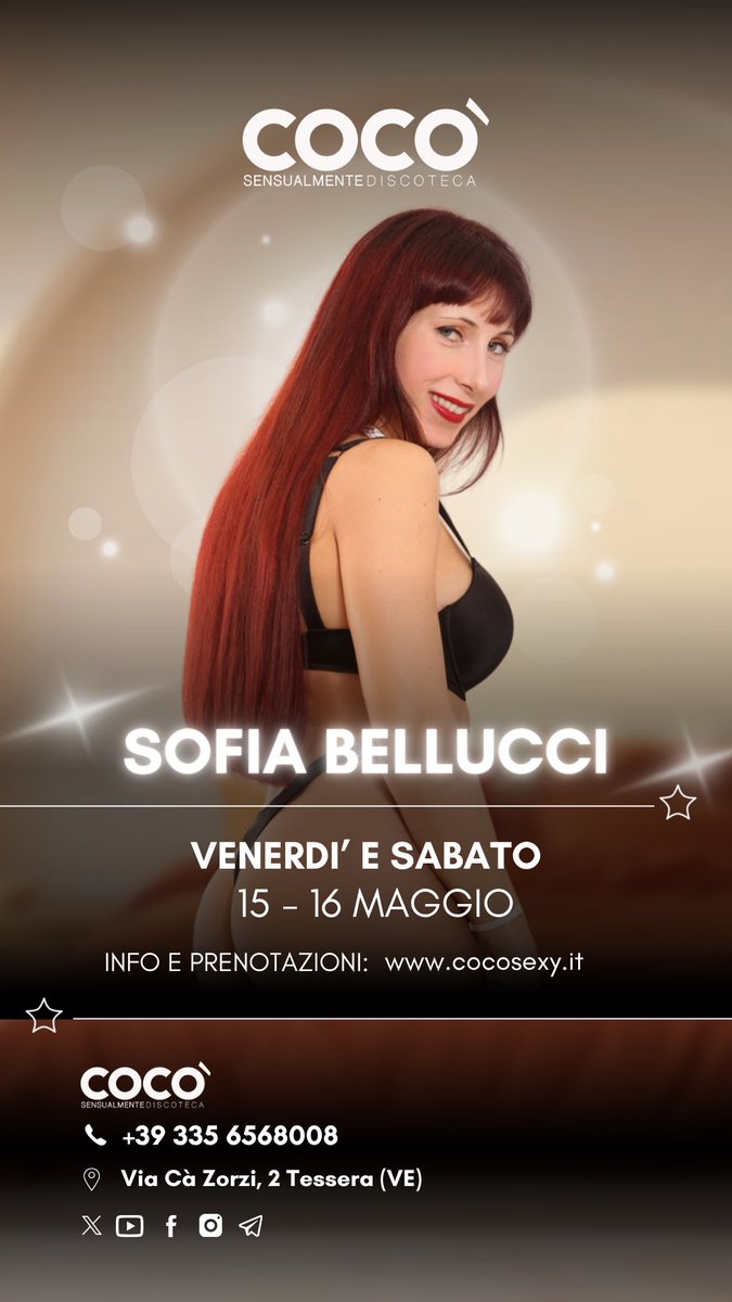 Cocolapdance's tweet photo. ✨🎶 Venerdì 15 e Sabato 17 torna la deliziosa **SOFIA BELLUCCI** 💃🔥

Ti aspettano:
🍹 buonissimi drink
🎵 tanta bella musica
🥂 divertimento e bella compagnia

📍 Ti aspettiamo al **Cocò**
🕘 Aperto dal mercoledì alla domenica

📞 Info &amp; prenotazioni: 335 6568008 https://t.co/UOe8M2LE3H