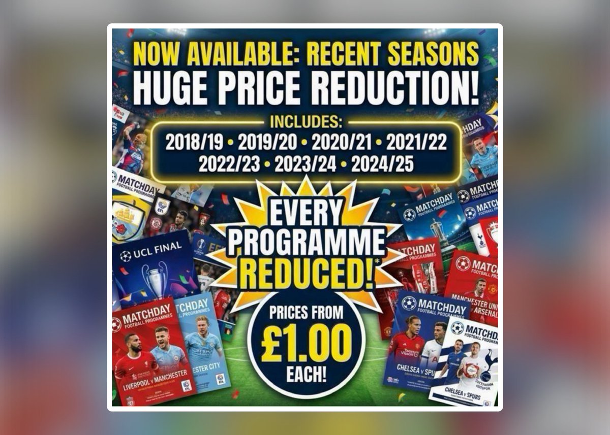 MDFootyProgs's tweet photo. REDUCED TO CLEAR, All individuals official club 2018/2019, 2019/20, 2020/21, 2021/2022, 2022/23, 2023/24 &amp; 2024/25 season #MatchdayProgrammes are now only £1.00 each plus postage at https://t.co/5jnnrLEowH 
#FootballProgramme #MatchProgramme #PremierLeague #UCL #UEL #Championship https://t.co/uyK2TYRYai