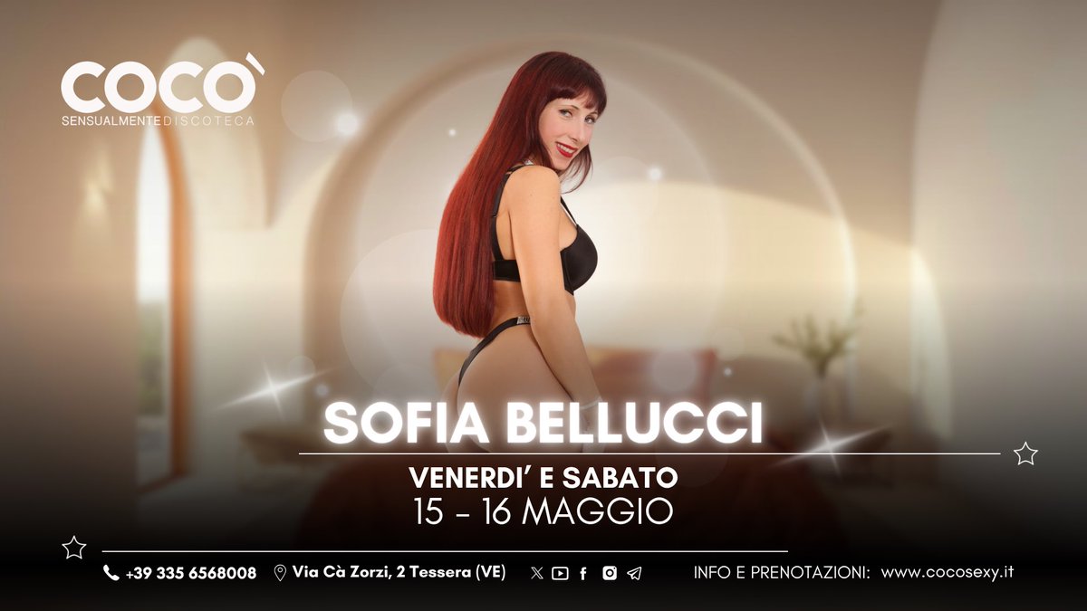 Cocolapdance's tweet photo. ✨🎶 Venerdì 15 e Sabato 17 torna la deliziosa **SOFIA BELLUCCI** 💃🔥

Ti aspettano:
🍹 buonissimi drink
🎵 tanta bella musica
🥂 divertimento e bella compagnia

📍 Ti aspettiamo al **Cocò**
🕘 Aperto dal mercoledì alla domenica

📞 Info &amp; prenotazioni: 335 6568008 https://t.co/Oy2hAtesad