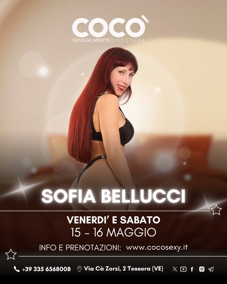 Cocolapdance's tweet photo. ✨🎶 Venerdì 15 e Sabato 17 torna la deliziosa **SOFIA BELLUCCI** 💃🔥

Ti aspettano:
🍹 buonissimi drink
🎵 tanta bella musica
🥂 divertimento e bella compagnia

📍 Ti aspettiamo al **Cocò**
🕘 Aperto dal mercoledì alla domenica

📞 Info &amp; prenotazioni: 335 6568008 https://t.co/pc0eE6IoBz