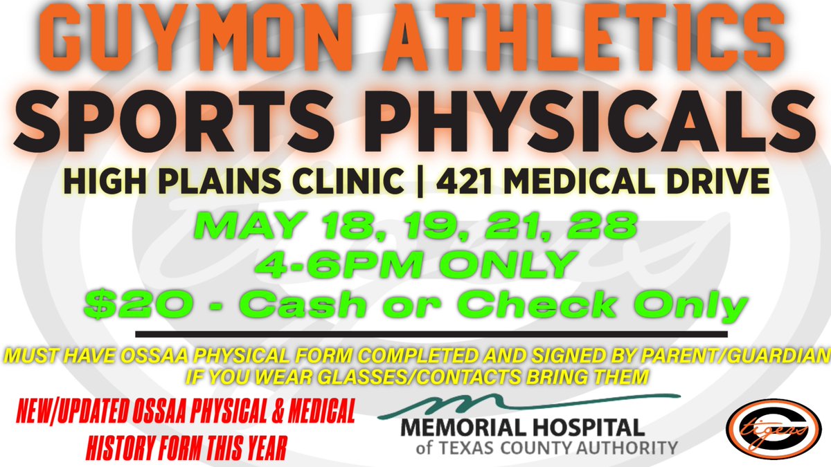 GuymonTrack's tweet photo. Get those sports physicals before June 1st.  Rank One forms and a sports physical must be completed prior to any summer athletic participation. 

New OSSAA Physical Form: https://t.co/wcLTU7zln5 https://t.co/k7efHlFrfw