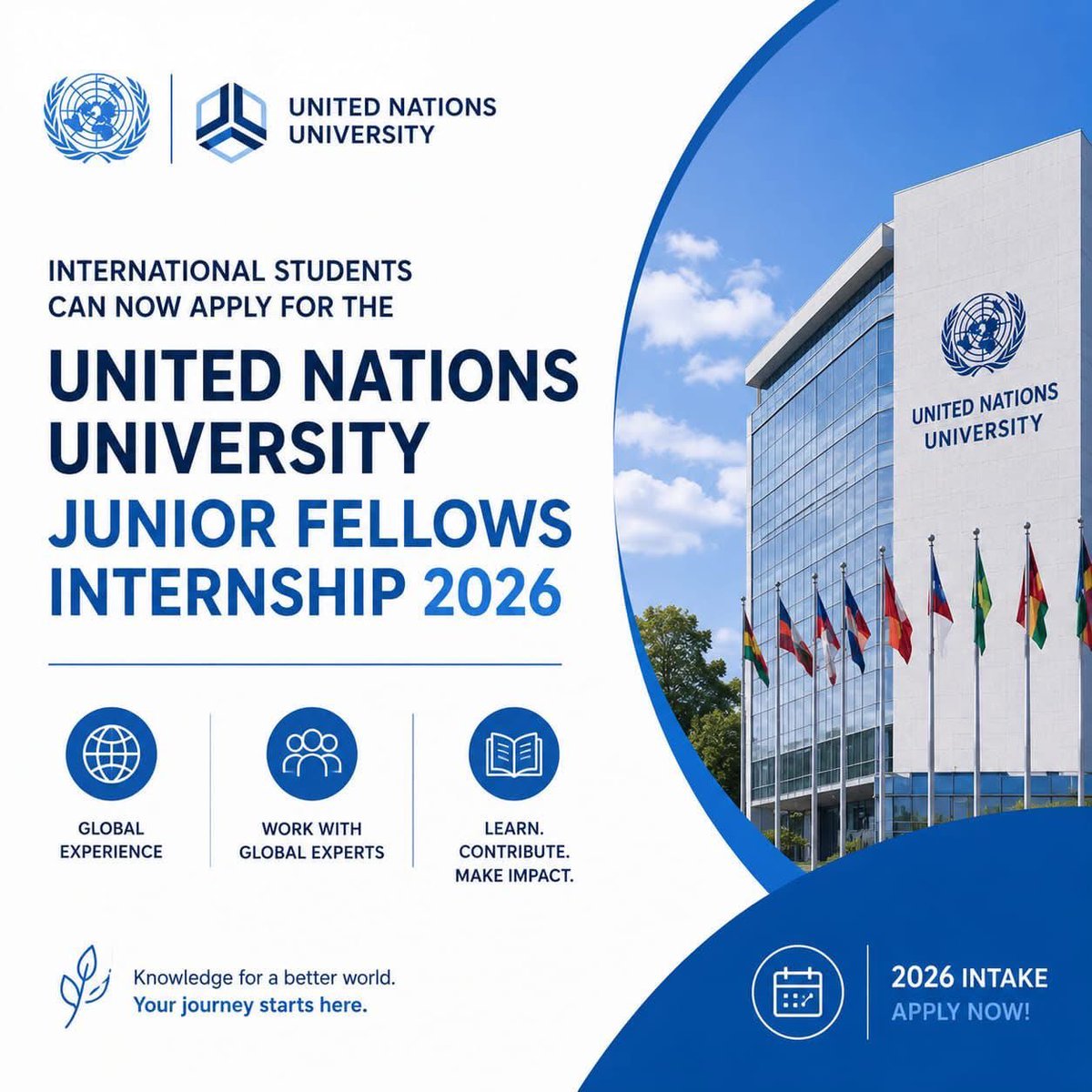 MrsScotty_M's tweet photo. International Students Can Now Apply for the United Nations University Junior Fellows Internship 2026
The United Nations University (UNU) is now accepting applications for its Junior Fellows Internship 2026, offering international students the chance to gain experience within the UN system.
✔️ Open to international students and recent graduates
✔️ Gain experience in research, administration, communications, and policy support
✔️ Work with a leading UN academic and research institution
✔️ Opportunity to build global networks and professional skills
✔️ Internship based within UNU offices and programmes
A strong opportunity to gain UN experience and launch an international career in research and development.