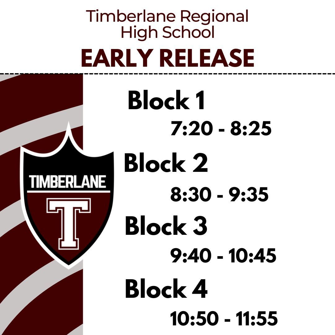 TimberlaneHS's tweet photo. Tomorrow is an early release! Make sure you take a look at our schedule ahead of time. You can also find the schedule in your school email. https://t.co/O44gMyXiOU