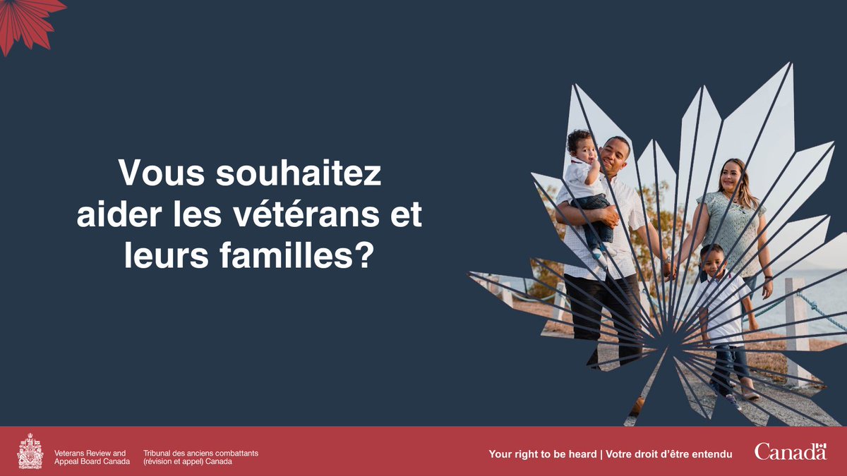 TACRA_Canada's tweet photo. Aimeriez-vous faire une différence dans la vie des #Vétérans/#Vétéranes, @ForcesCanada et @grcrcmppolice?

Le gouvernement du Canada est à la recherche d'un leader chevronné pour occuper le poste de président du Tribunal des anciens combattants (révision et appel), qui exercera un leadership stratégique et décisionnel afin de rendre des décisions juste et opportunes pour les vétérans partout au Canada.

En savoir plus sur le poste en visitant : https://t.co/27ZNP8fgdS