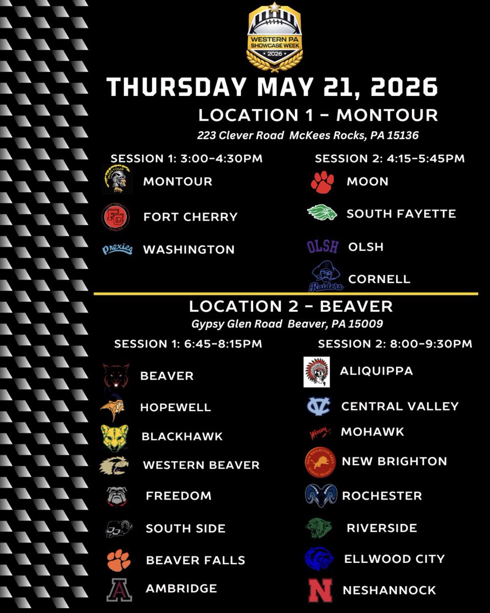 BeaverBobcats's tweet photo. College Coaches attending the Western Pa showcase week, final times and team assignments are finalized. We will be at Gypsy Glenn Stadium in Beaver. 
@WPIALSports 
@WPIAL_Insider 
@wpialsportsnews 
@PaFootballNews 
@PrepRedzonePA 
@BuzzSawSportsPa https://t.co/gCmsAU5TIq