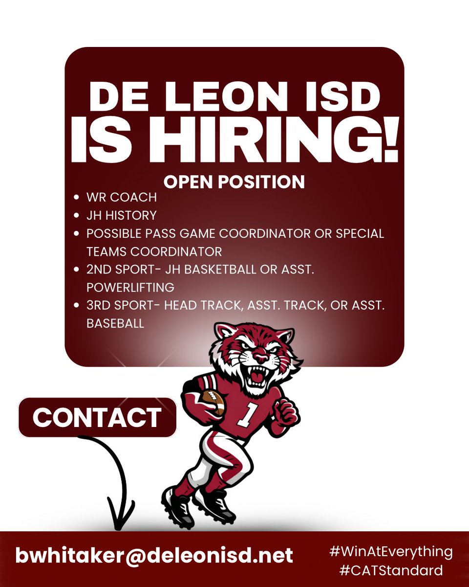 CoachWhitaker3's tweet photo. We’re hiring in De Leon! https://t.co/k4OElfshQq